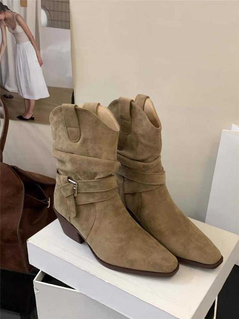 Fashion Woman  Suede Boots Fashion Slip on Ladies Elegant Square Heel  Retro Pointed Toe Women's Mid Calf  Boots Shoes Winter Footwear 9