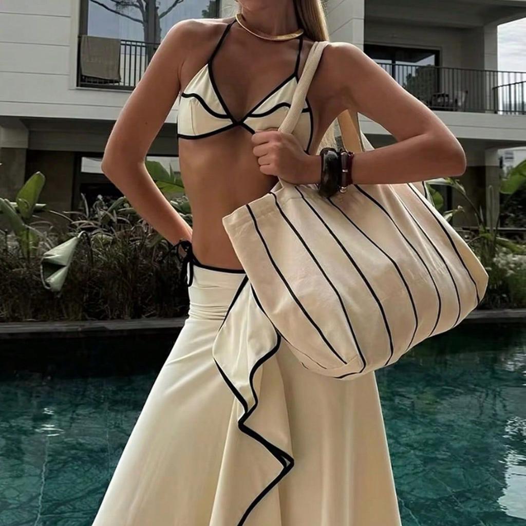 Women's Swimsuit Color-blocked Halter Neck Ruffle Slit Skirt Bikini Three-piece Set Beachwear Bathing Suits