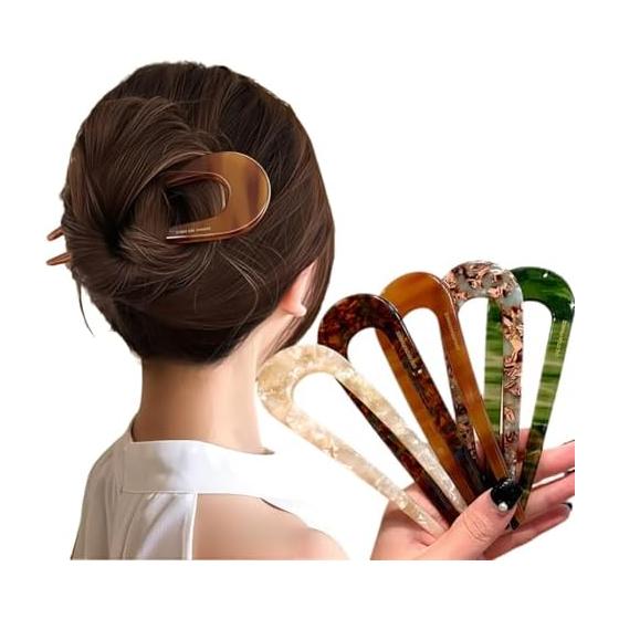 Épingles à Cheveux en Forme de U, Lot de 5 Pièces, Matériau Acétate, Finition Lisse et Brillante, Tenue Sûre, Douces pour les Cheveux, Coiffage Facile, Environ. 14 cm de longueur, 5 assortis