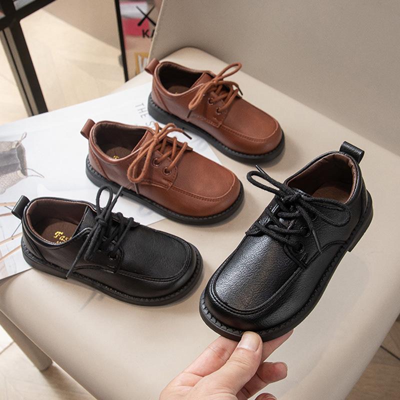 Boys' Black Leather Velcro Shoes - Soft Sole Performance Shoes for Spring/Autumn