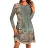 Women's Fashion Casual Print Round Neck Long Sleeve Short Side Pocket Dress
