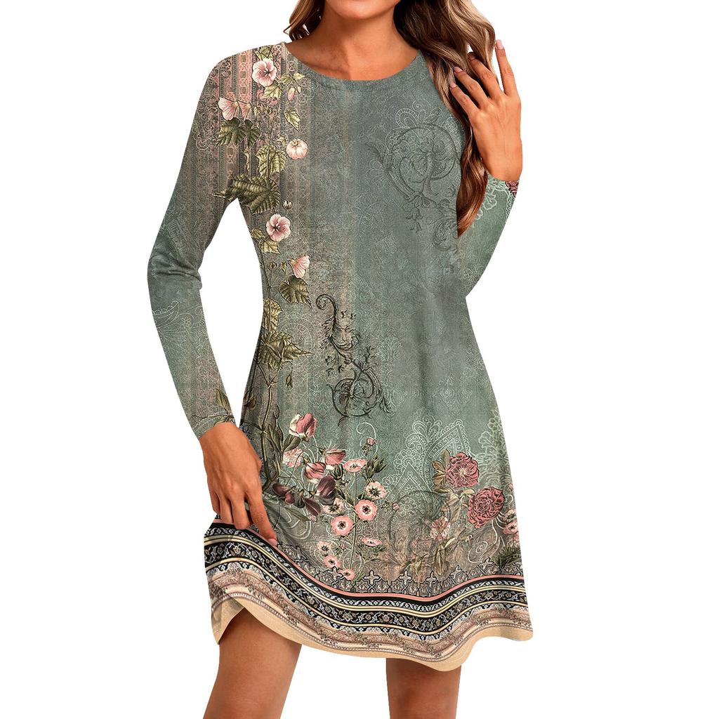 Women's Fashion Casual Print Round Neck Long Sleeve Short Side Pocket Dress