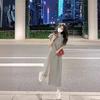 Gray Split-ended T-shirt Dress, Children's Temperament, Summer Design Sense, Niche Waist Slim-fitting Short-sleeved Casual Long Dress