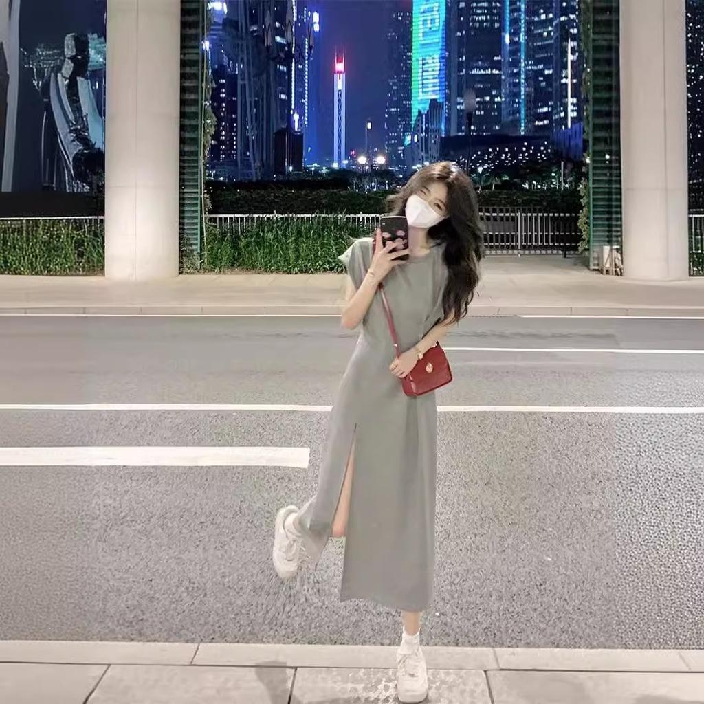 Gray Split-ended T-shirt Dress, Children's Temperament, Summer Design Sense, Niche Waist Slim-fitting Short-sleeved Casual Long Dress