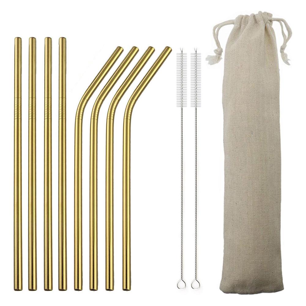 18/10 Stainless Steel Reusable Straws Gold Drinking Straw Set Mteal Straw Coffee Party Bar Straw With Cleaner Brush Portable Bag