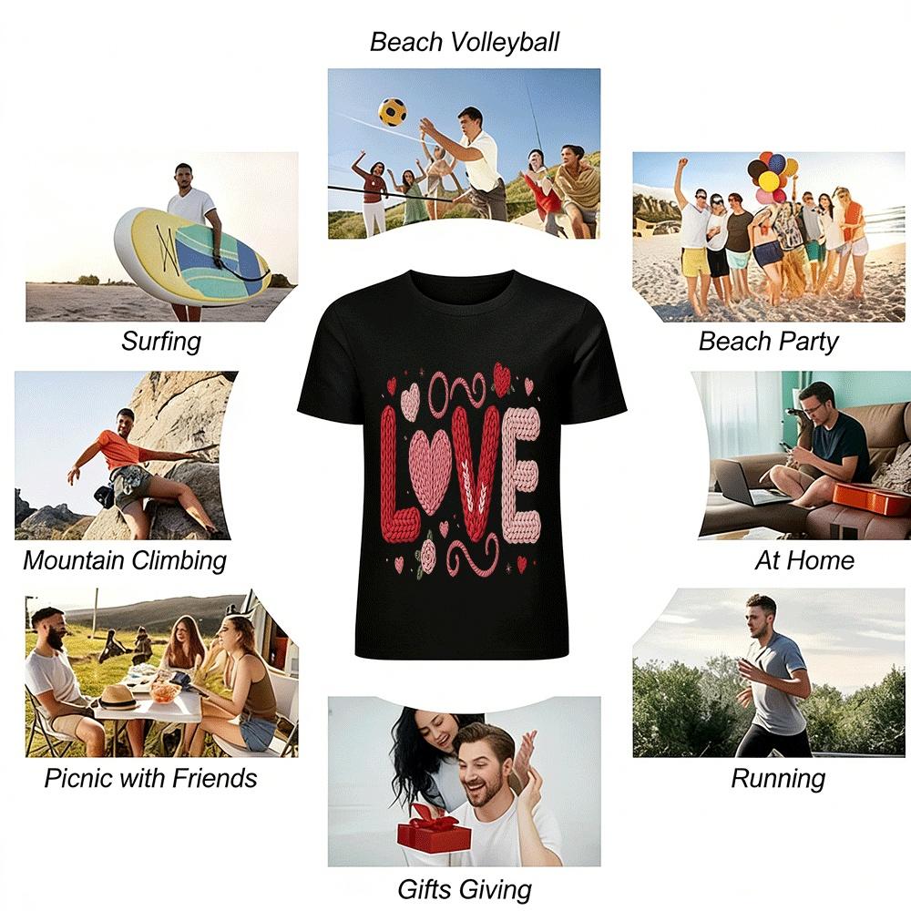 Vintage Knit Style Love Heart Print Casual Couple Top Pure Cotton T-shirt