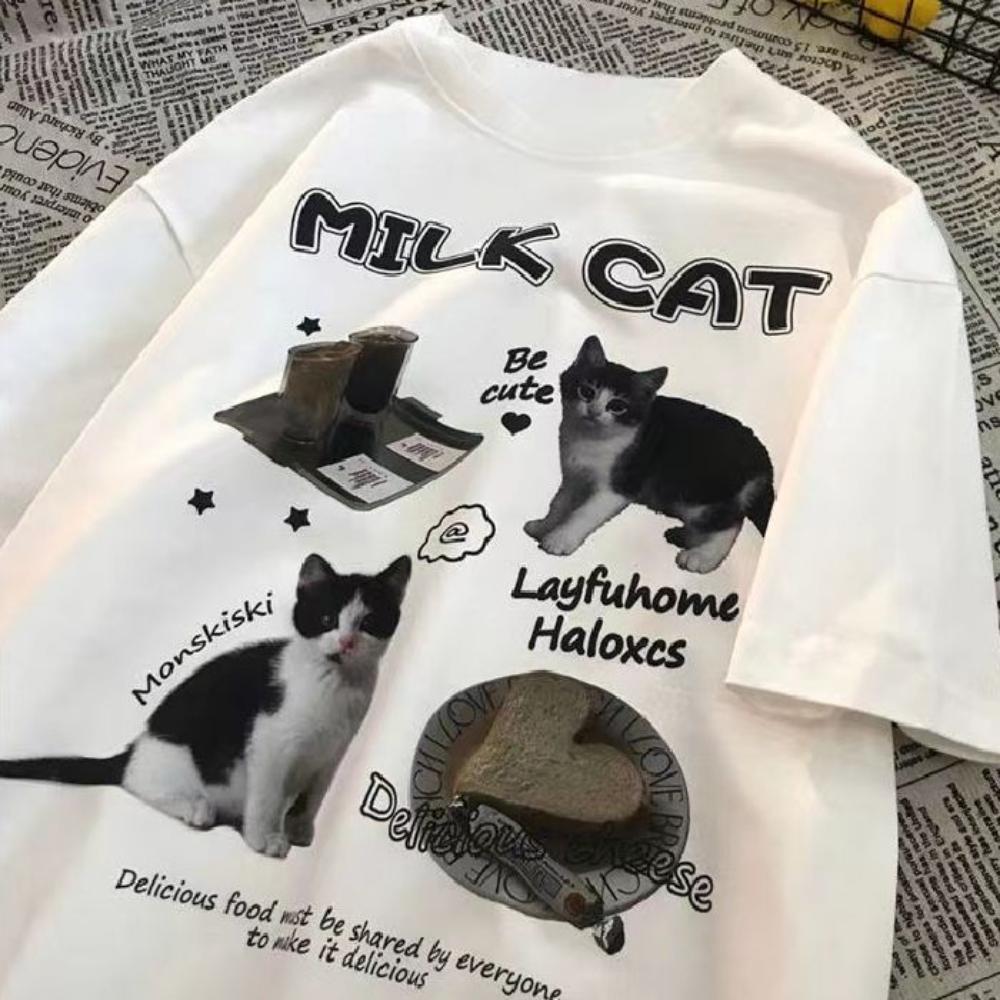 

American Retro Shoulder Short Sleeved T-shirt Printed Short Sleeved Summer Loose and Trendy Half Sleeved Top M белый