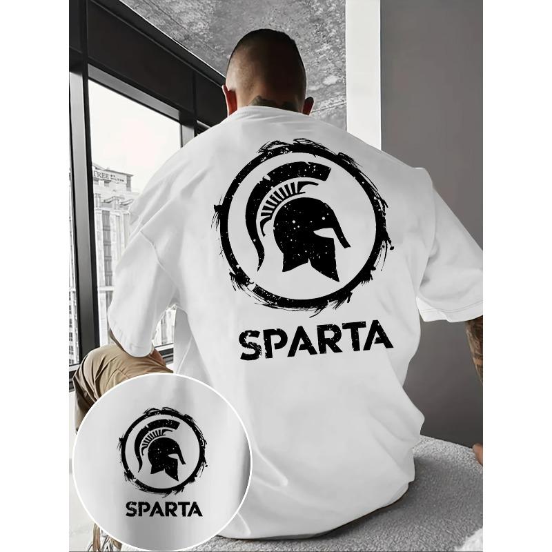 Herren Spartaner Griechischer Krieger T-Shirt Spartanerhelm & SPARTA Logo Print - Schwarz/Weiß Griechisches Schlüsselmuster Freizeit & Geschichts-Themenbekleidung für das Fitnessstudio