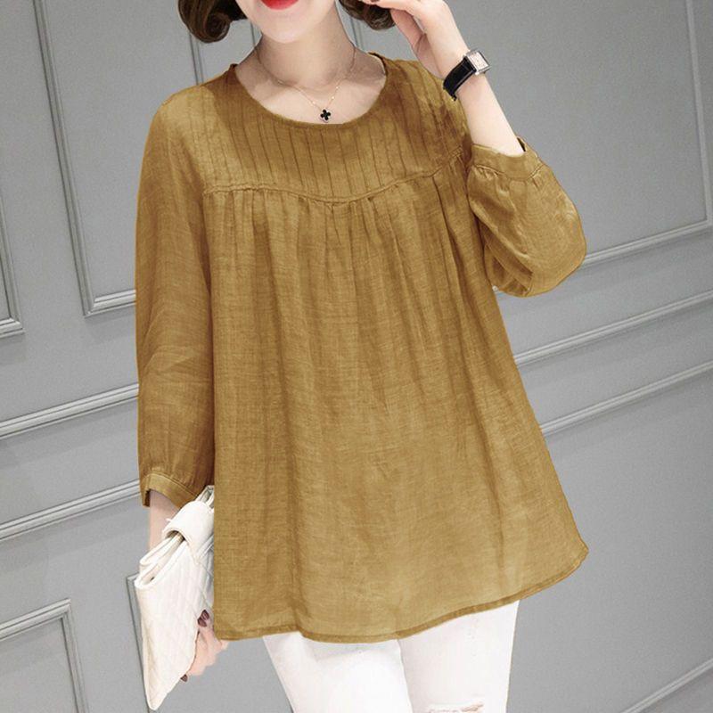 

Футболка женская из хлопка и льна с длинными рукавами, осенняя корейская блузка, свободный утягивающий топ с рукавами девять дюймов XL жёлтый