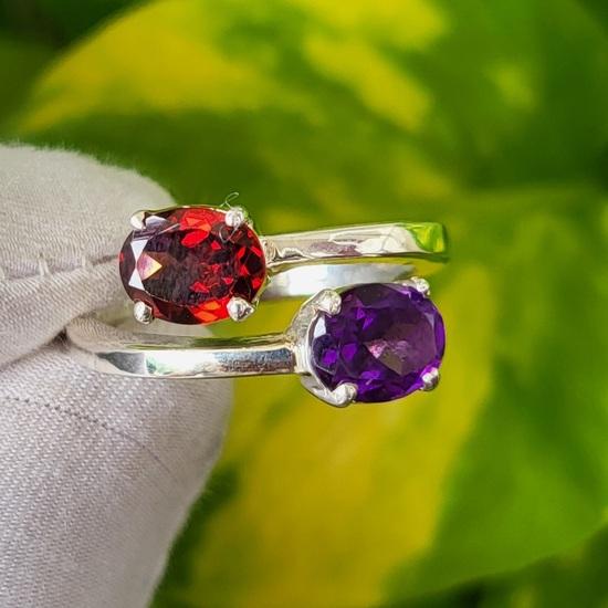 Natural Garnet Amethyst Gemstone 925 Sterling Silver Ring Size 9.25 US, Gift