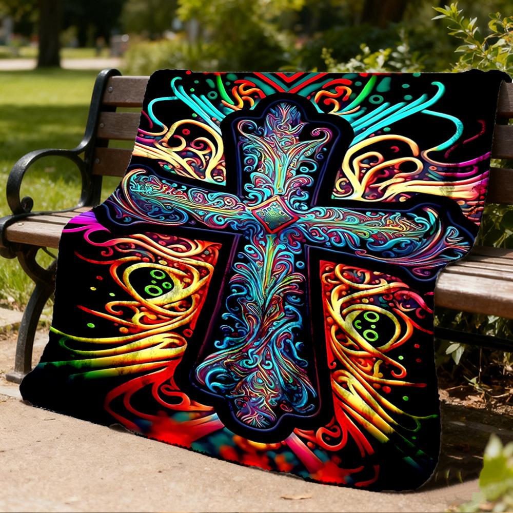 1pc Psychedelic Cross Throw Blanket Polyester Fiber, Lightweight Flannel, Soft & Warm, All Season Use for Outdoor, Camping Digital Print