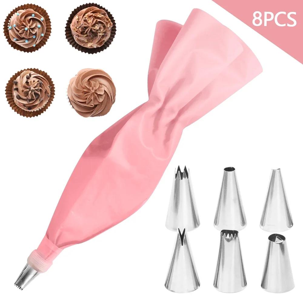 Reusable Pastry Bag + Stainless Nozzle, Kitchen DIY Cake Icing Piping Cream Decorate Tool, Silicone Pastry Bag Tips