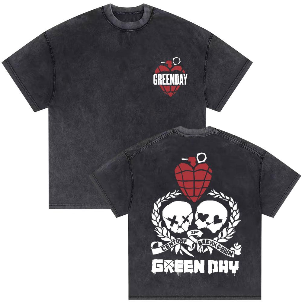 Washed Vintage Punk Band Green Day World Tour T Shirts Men Retro Gothic Rock Tshirt Male Cotton Casual Oversized Tshirts