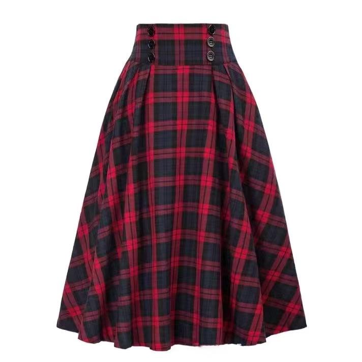 

Юбка А-силуэта из фланели в клетку в стиле ретро с высокой талией — облегающая, осень/зима L красный