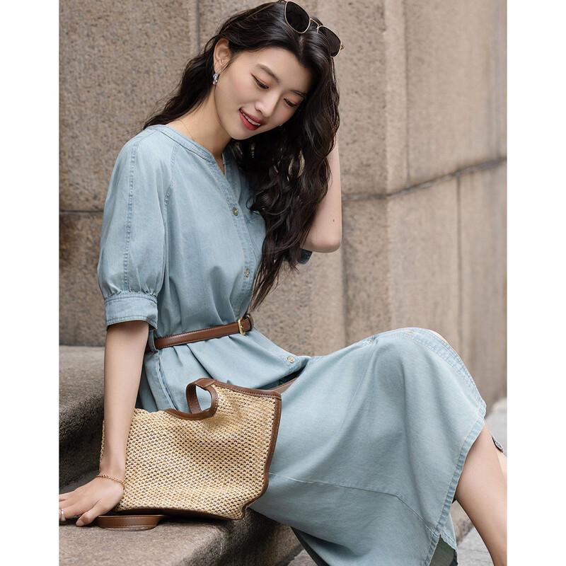 Demana Cloud Cotton V-Neck Belted Denim Dress