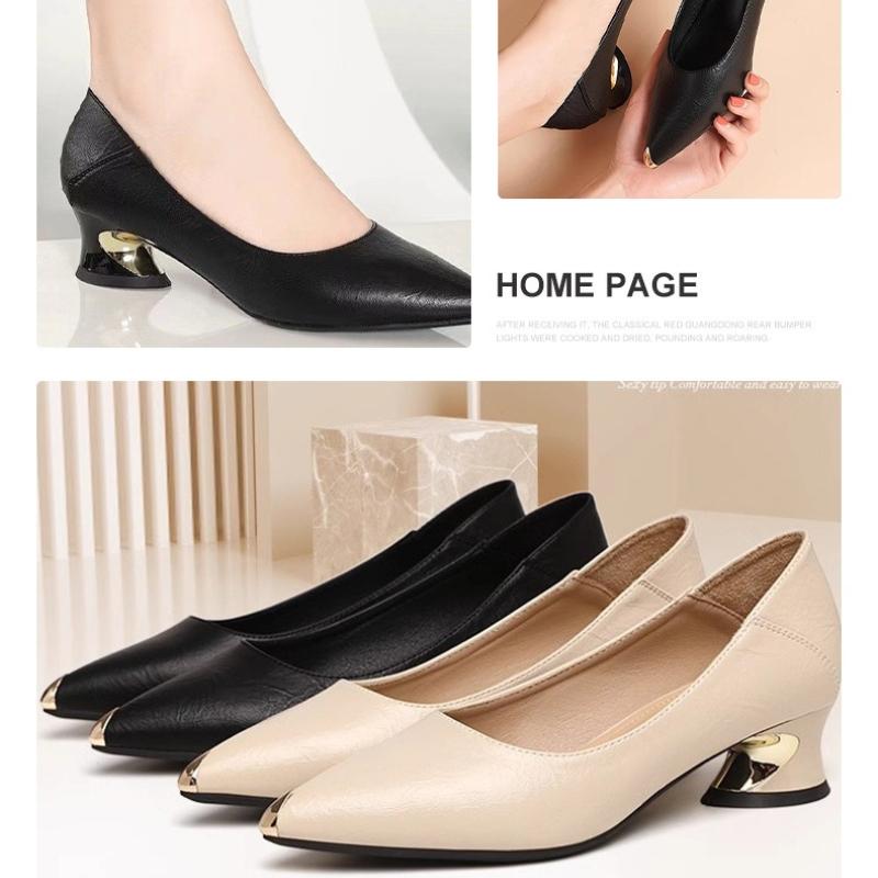 Pointed Toe Shallow Mouth Square Heel Leather Shoes Women's Elegant Fashion High Heels Dress Office Shoes Zapatos De Mujer