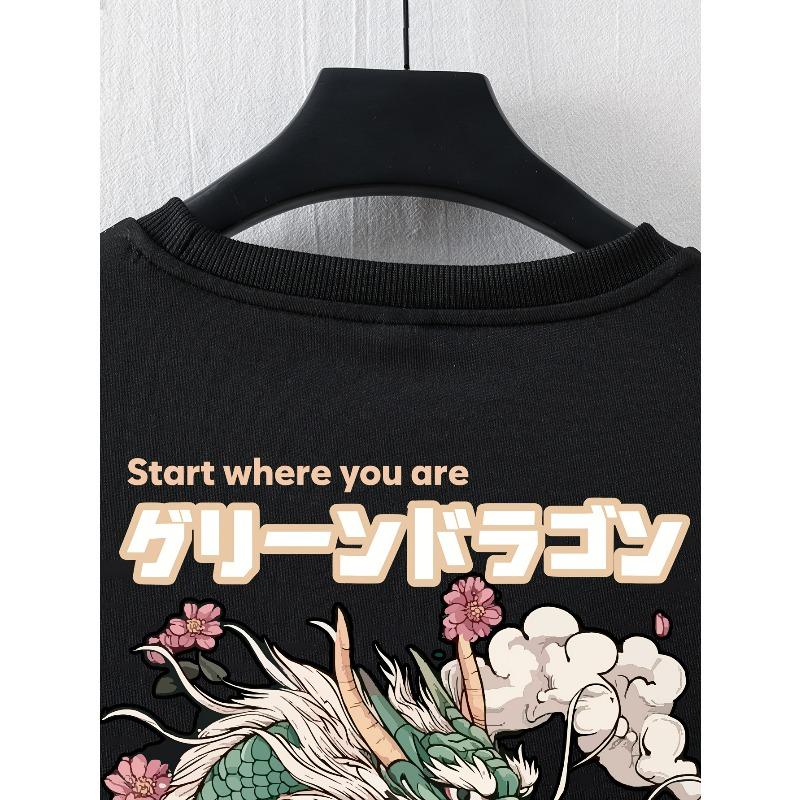 European Sizes A Men'S Casual T-Shirt Featuring a Japanese-Style Dragon Print