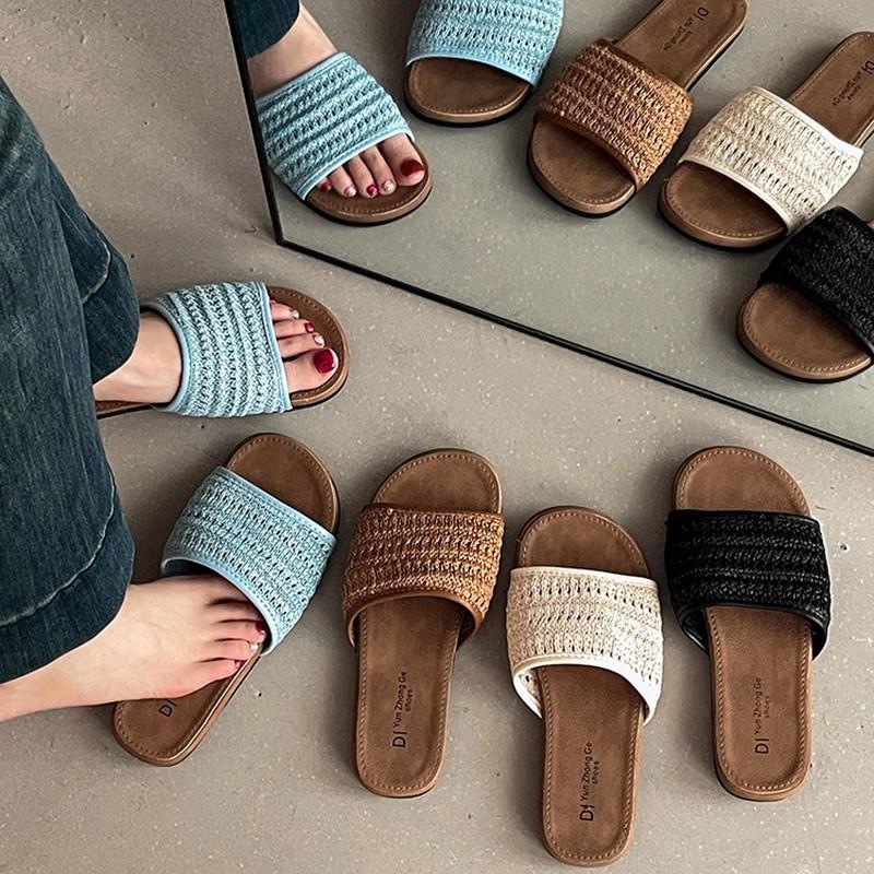 Flat Bottom Woven Hollow One-word Slippers Women's Summer Wear 2025 New Bohemian Vacation Travel Cool Slippers Women