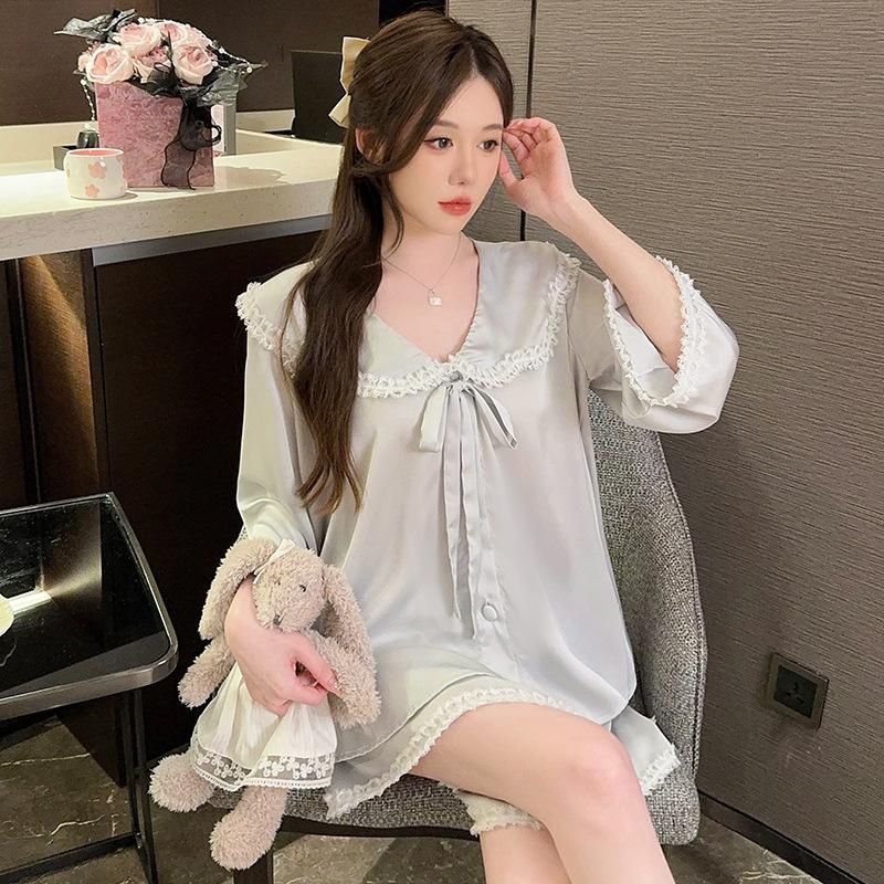 

Pajamas women s spring and summer thin summer new ice silk sweet doll collar medium sleeve shorts loungewear set XL синій