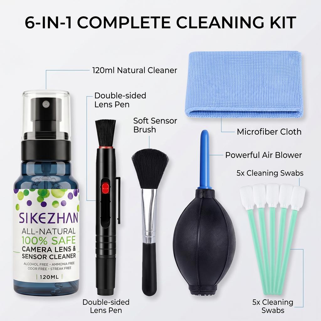 Universal Camera Maintenance Kit SIKEZHAN 120ml All-Natural Solution Air Blower Lens Pen Brush and Swabs for Lenses and Sensor
