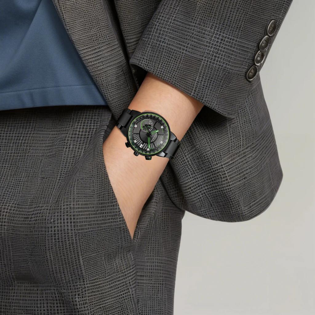 Citizen Eco-Drive Serie Grüner Zeiger Tief Wasserdicht Sport Mode Quarzwerk Edelstahl Uhr Herrenuhren schwarz silber CC3075-80E