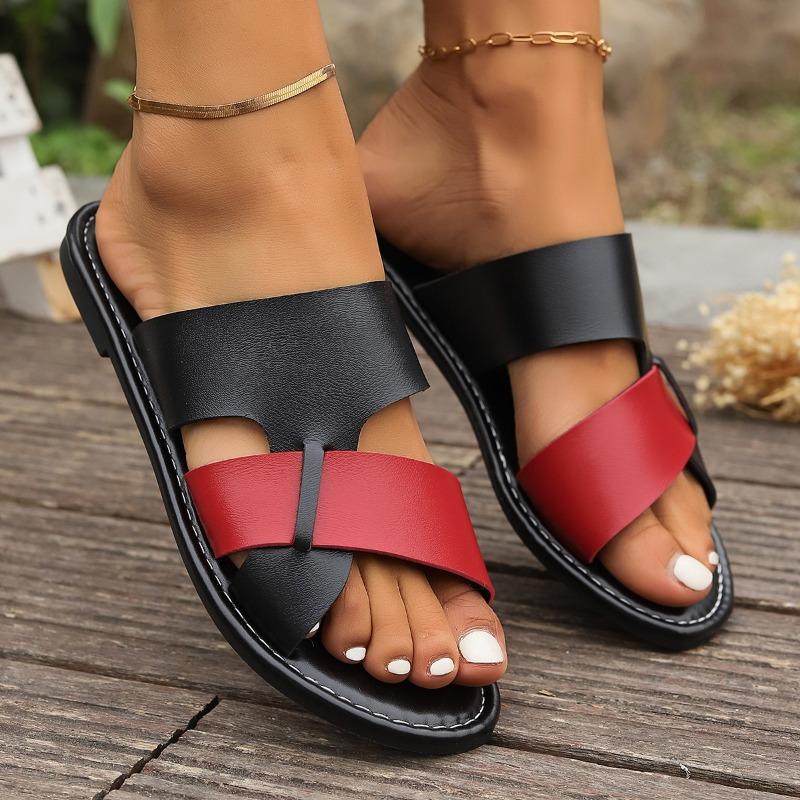 Fashion Women's Flat Non-Slip PU Waterproof Shoes 2024 Summer New Outdoor Casual Color Block Open Toe Beach Skirt Women's Slippers