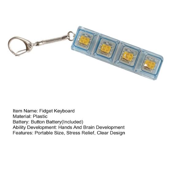 Clear 4-Keys Fidget Keyboard LED Light-up Anxiety Relief Finger Clicker Keychain Office School Travel Focus Decompression Button Sensory Toy