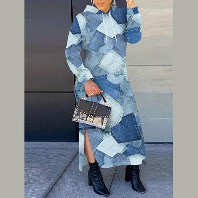 Spring Autumn Women Long Sleeve Hooded Imitation Jeans Split One Piece Dress