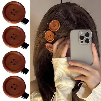 1/2pcs Fashion Retro Wooden Button Hair Clip Mini Styling Brown Hairpin Barrette Sweet Korean Style Headdress for Women Girls