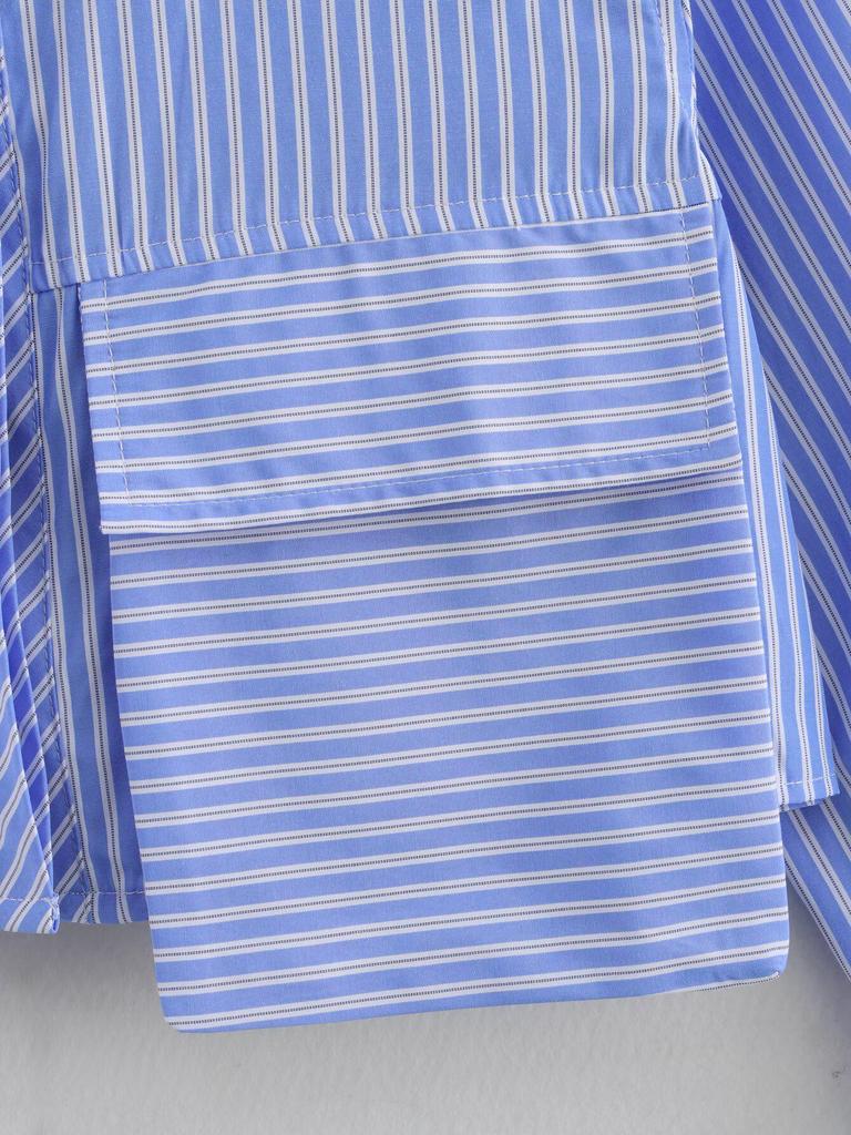 2025 Spring Women's European & American Style Blue Striped Shirt with Versatile Pocket