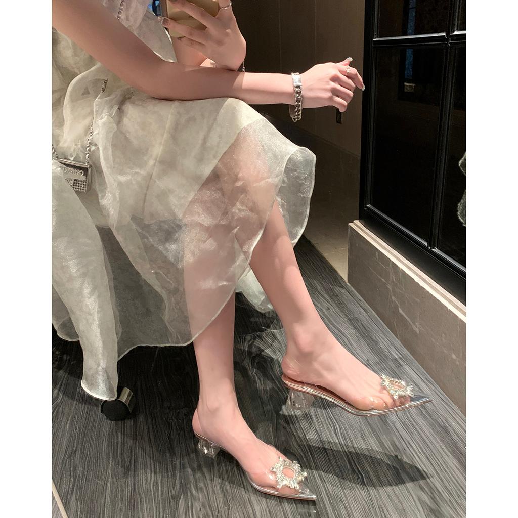 Flash diamond transparent high heels one word with pointed crystal thick heel sandals summer