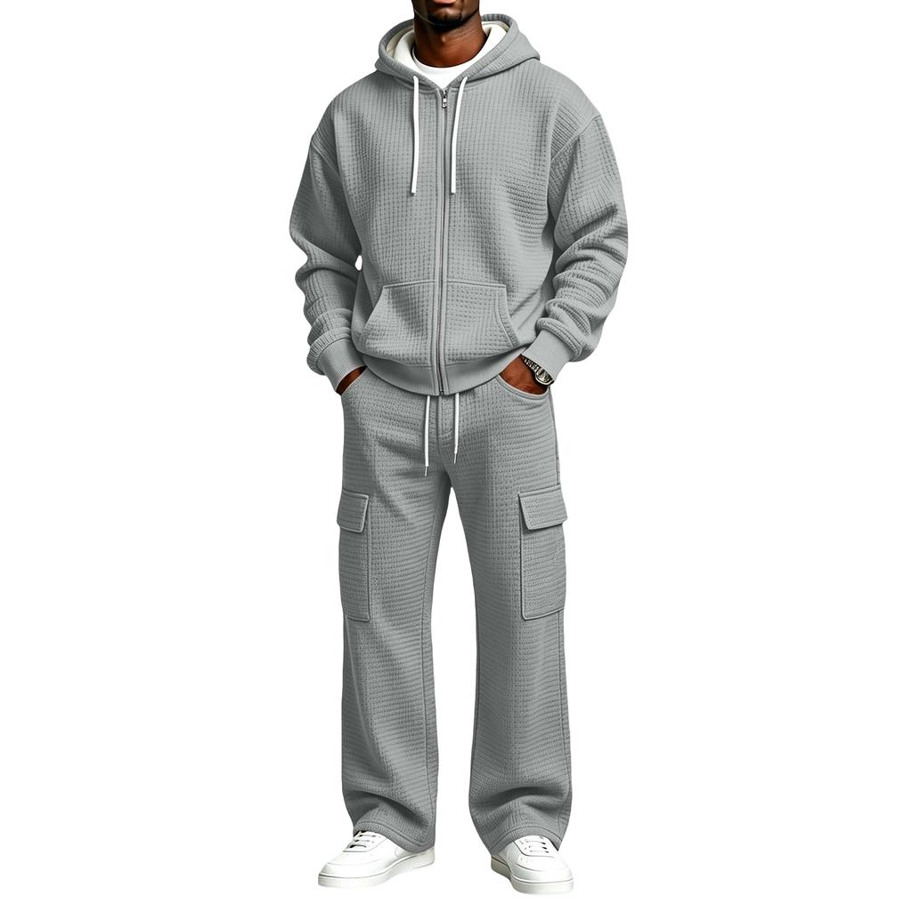 Winter Hooded Sweatshirt Jacket and Cargo Sweatpants Set, 2 Piece Casual Sweatsuit