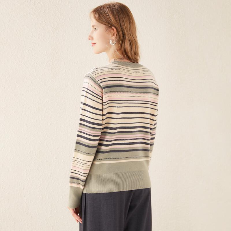 TUHUANG Women's Pure Wool Round Neck Color Block Stripe Sweater