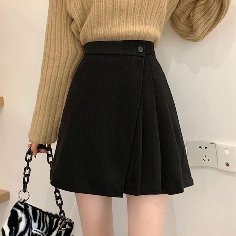 

Women s Plus Size Coffee Wool Irregular A-Line Skirt - High Waist, Hip Hugging, Tummy Covering, Pleated for Spring/Autumn. 3XL