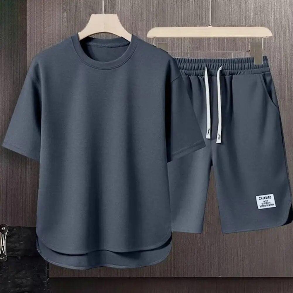

Men s Korean Fashion Waffle Two Piece Set Summer Short Sleeved T-shirt And Shorts Loose Sets Men Designer Clothes Tracksuits 3XL сірий