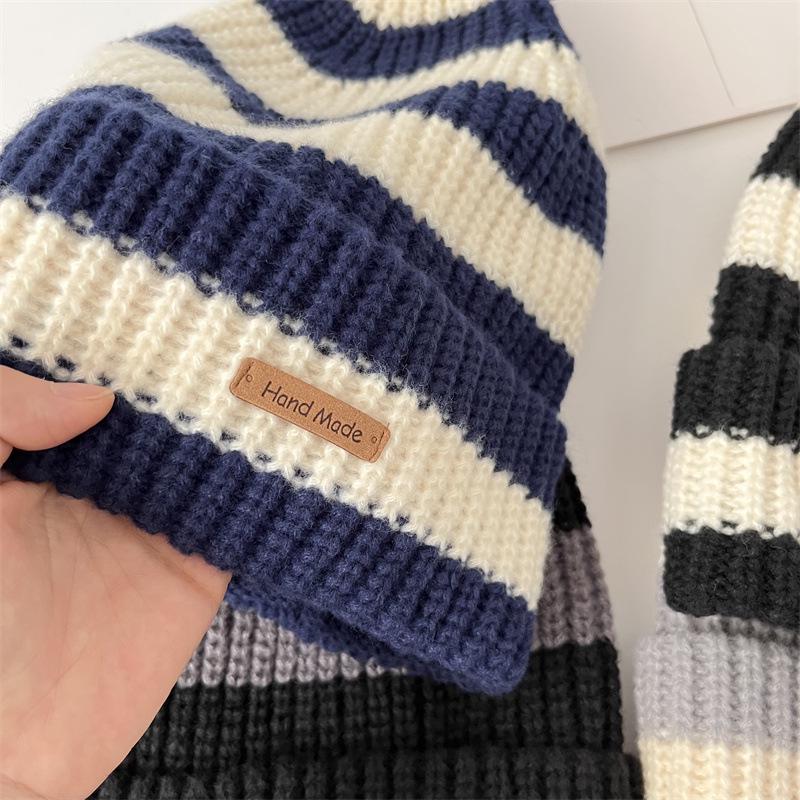 Winter Warm Woolen Women's Slouchy Hat: Thickened Korean-Style Striped Knit for Large Heads, Slimming Effect