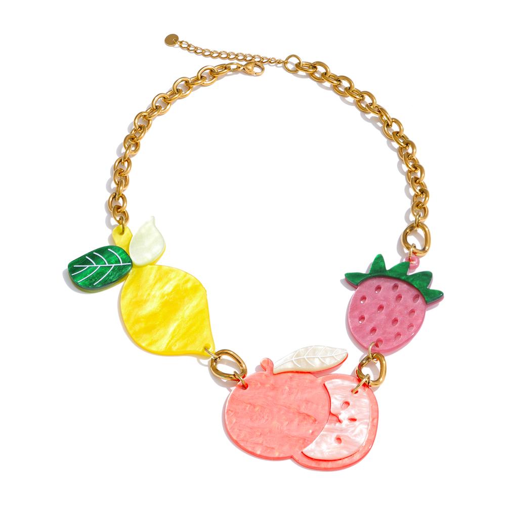 Yhpup Stainless Steel Acrylic Fruit Cherry Strawberry Lemon Summer Necklace Fashion Trendy Sweet Cute Neck Jewelry Waterproof