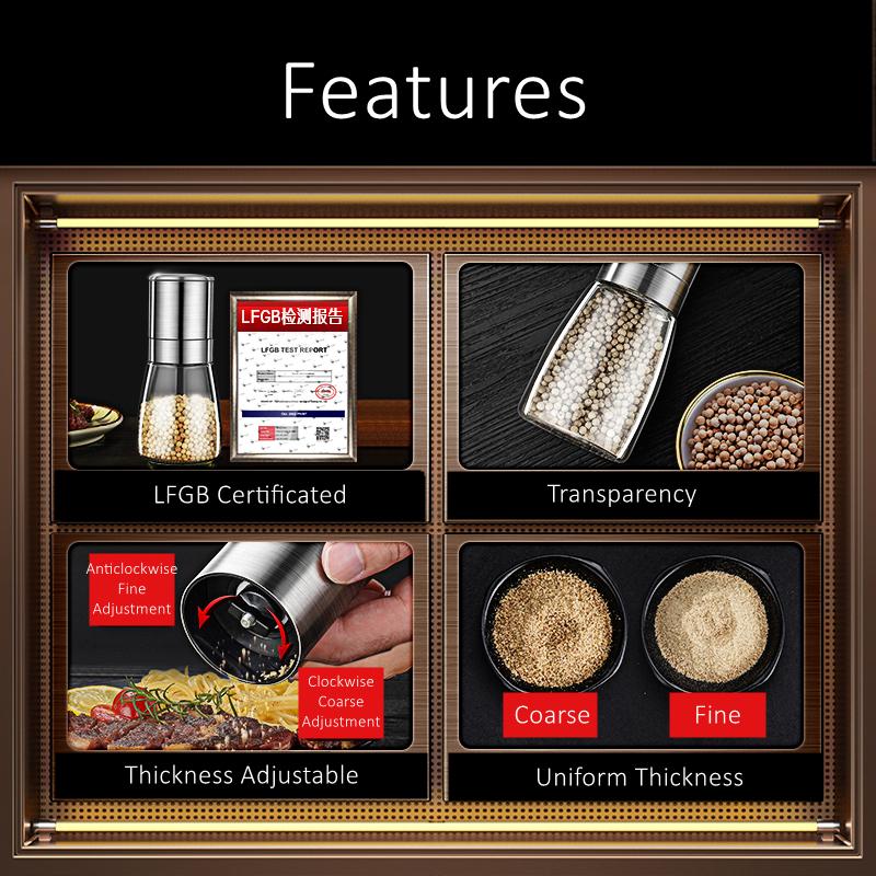 LFGB Certificated 304 Stainless Steel and High Borosilicate Glass Pepper Transparency Anti-fall Mill Salt Cumin Spice Grinder