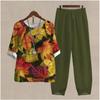 Sommer Lässige Zweiteiler Damen Locker Kurzarm T-Shirt High Waist Hose Print Outfits Damen Elegant Vintage Oberteil Hosenanzug