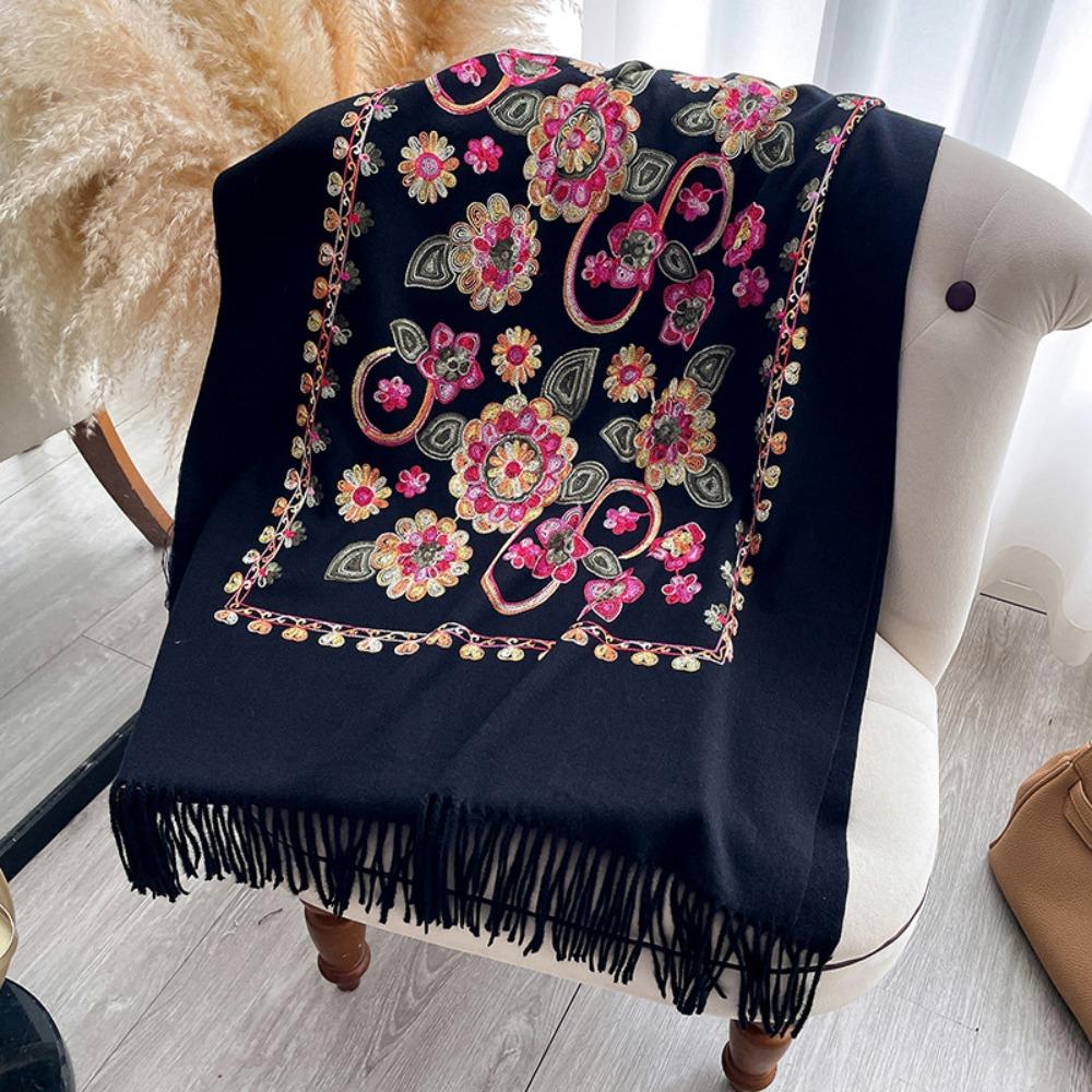

Cashmere Feel Women Scarf Warm Texture Embroider Flower Floral Embroidered Shawl Ethnic Style Breathable Cashmere Scarf чёрный