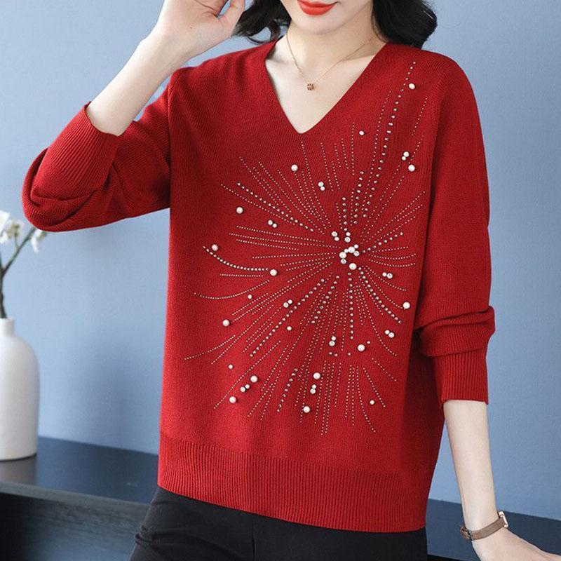 Autumn and Winter Women's V-Neck Sweater Solid Color Loose Beaded Sweater Plus Size Knitted Pullover Top