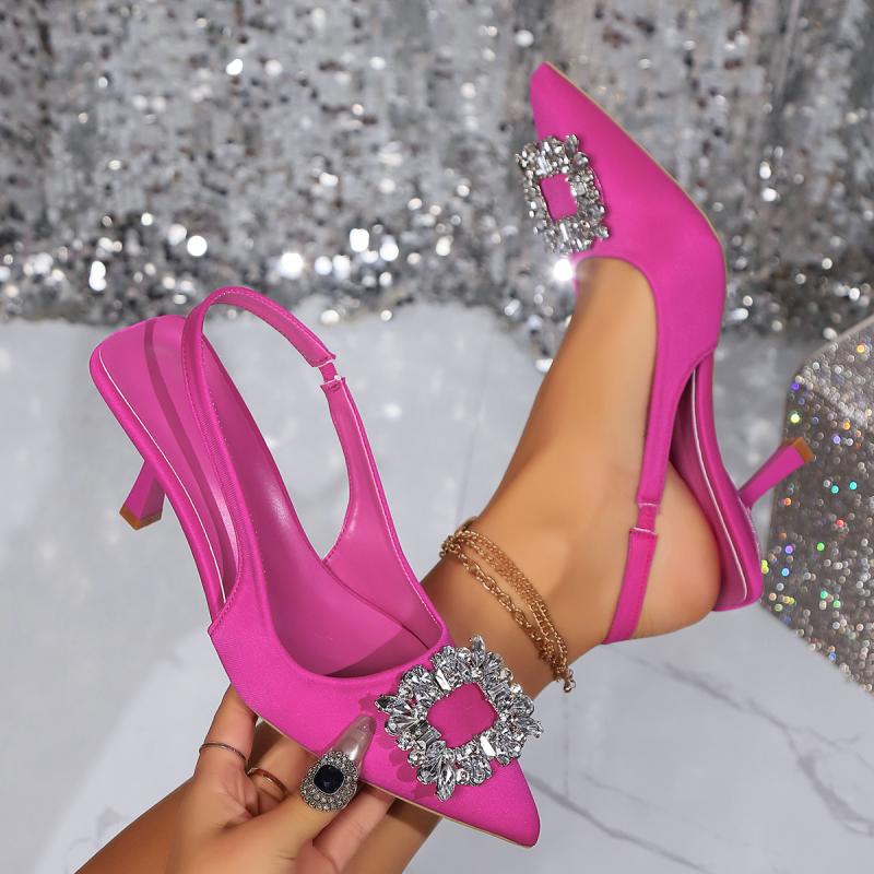 Sexy Crystal Buckle Hot Pink Sling Back Pumps Women 2025 Summer Pointed Toe High Heels Sandals Party Dress Shoes Size 43