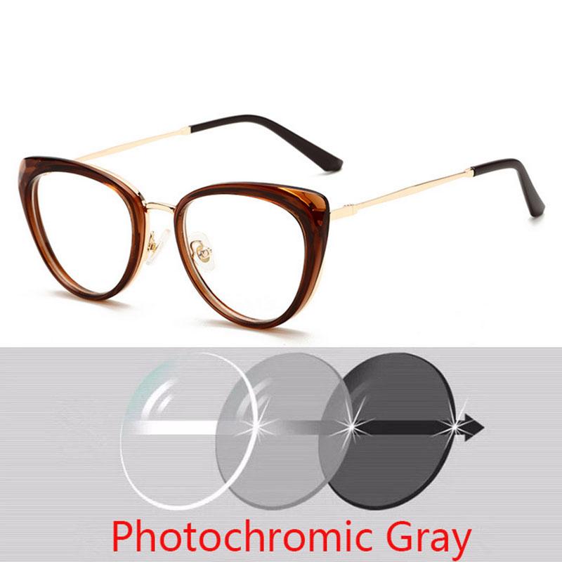 Anti-Blue Light Cat Eye Prescription Spectacle Women Myopia Lens Photochromic Glasses Diopter 0 -0.5 -0.75 -1.0 -2.0 To -6.0