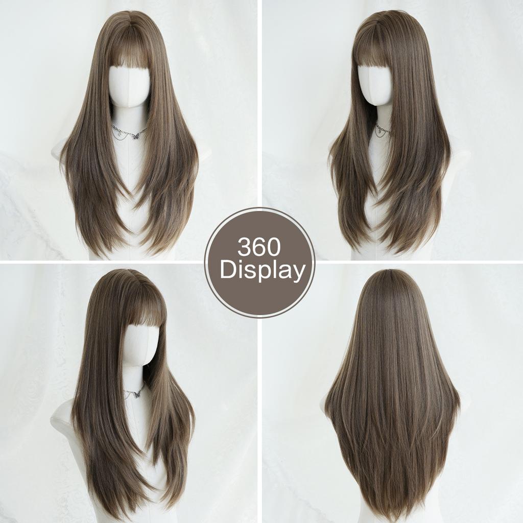 Herbata Brązowa Wewnętrzna Prosta Peruka dla Kobiet - Warstwowa Pełna Grzywka Pełna Czapka, Codzienne Szybkie Piękno, Peruka Wysokiej Jakości