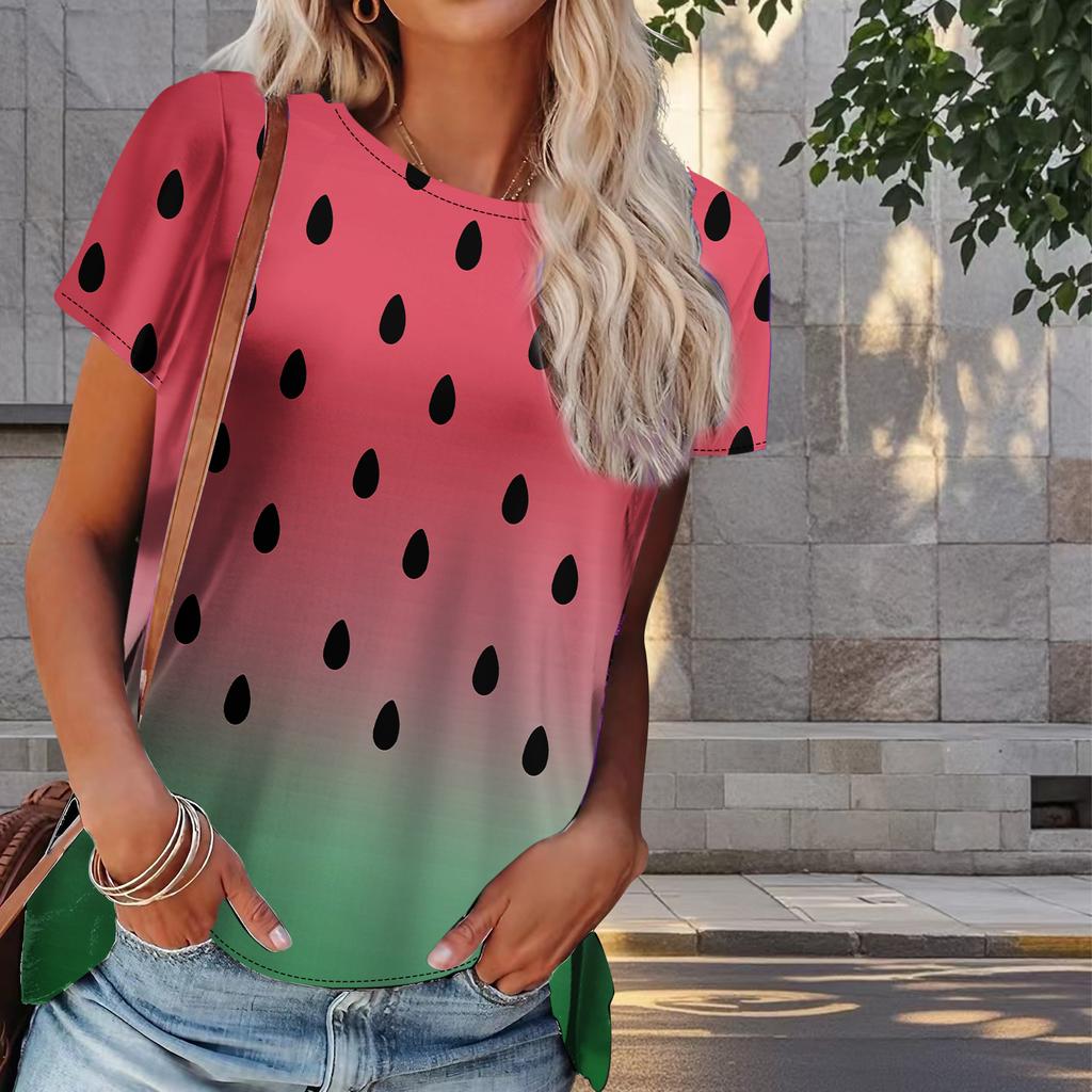 Women Summer T Shirt Watermelon Print Retro Fashion Short Sleeve Tees Casual   Printed  Tops