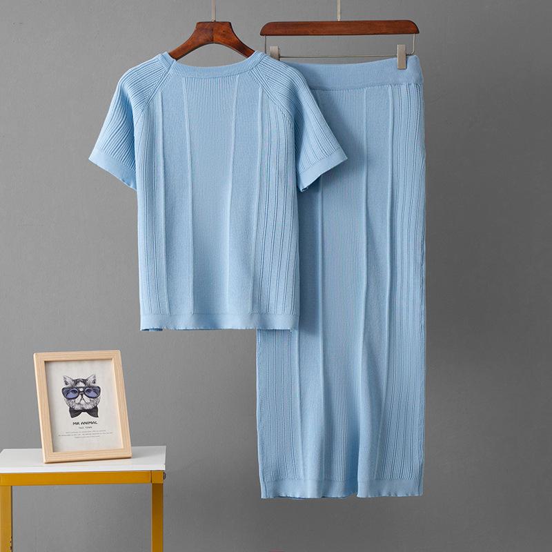 2025 Summer Short-sleeved Versatile Short Knitted T-shirt Top + Half-body Medium and Long Skirt Set