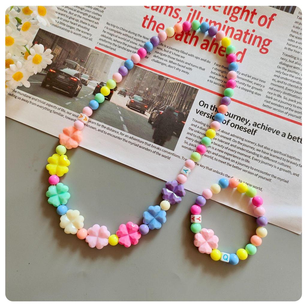 Korean Cartoon Kids' Candy Color Beaded Necklace & Bracelet Set with Flower Bowknot & Hanger