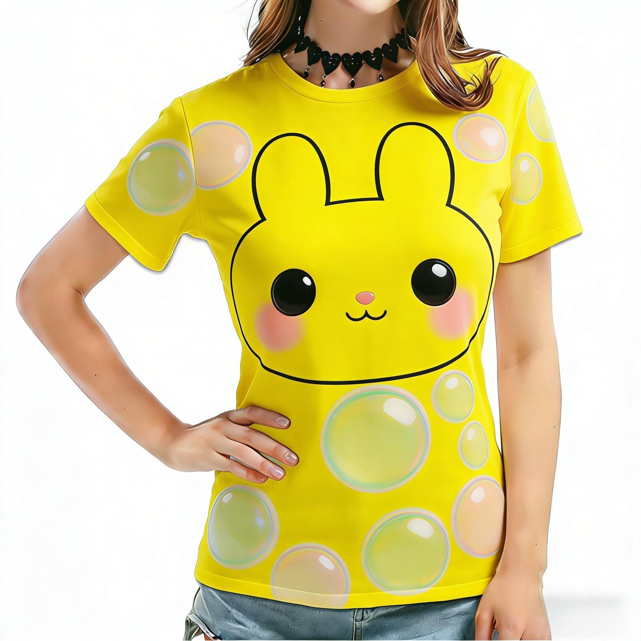 2026 New Model Sweet Cartoon Rabbit & Bubble Gradient Tee, Women s Loose Fit All-Match Summer Outfit S