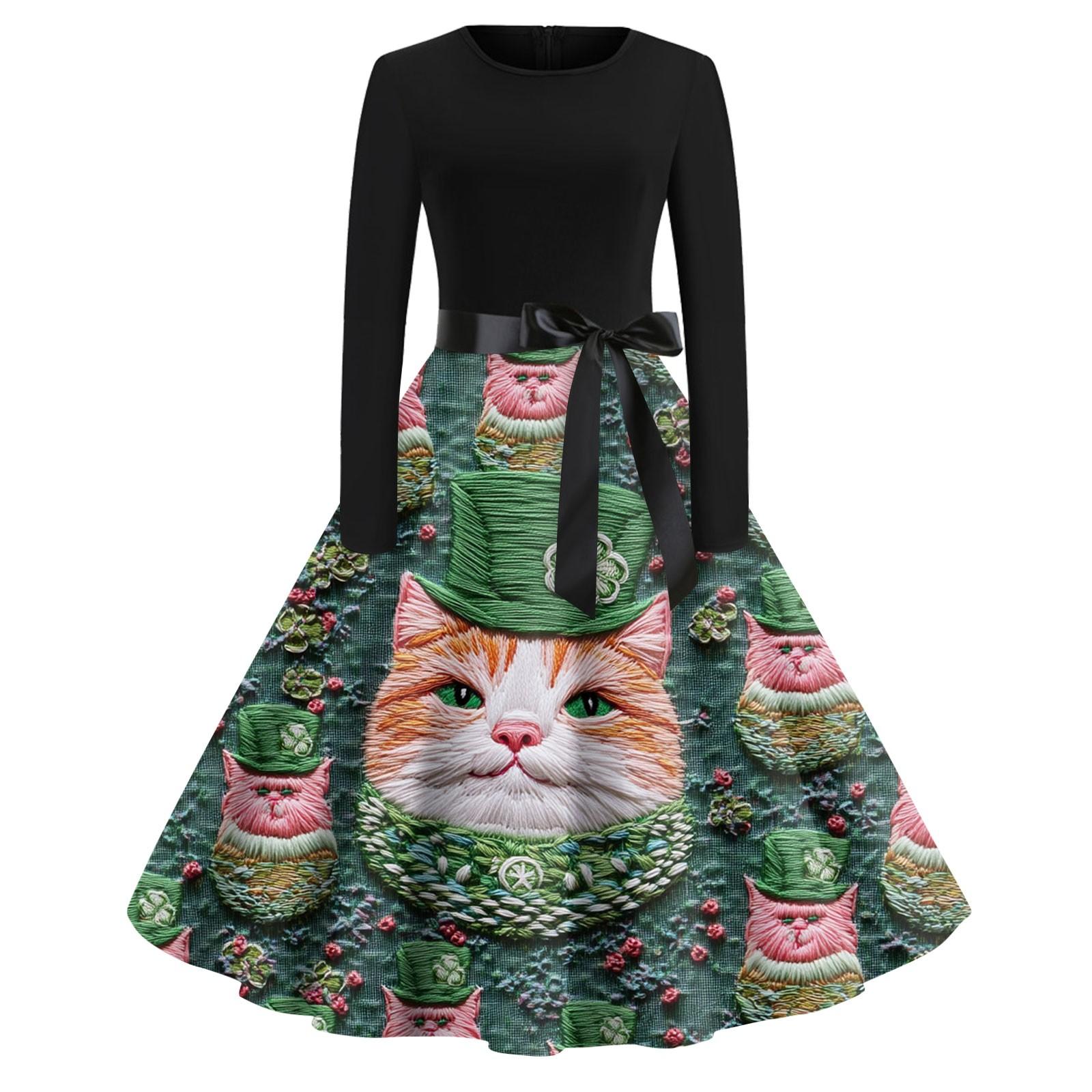 

Жіночі сукні Модні повсякденні тонкі сукні з круглим вирізом St. Сукні з довгими рукавами з принтом до Дня Патрика M помаранчевий