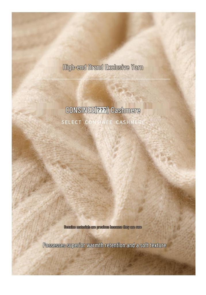 Women's Pure Cashmere Vertical Stripe Hollow Round Neck Sweater - Autumn/Winter 12-gauge Single-ply